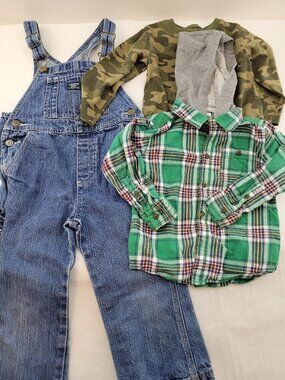 Boys 3 Lot of Carters Flannel Hoodie Garanimals Shirt, OshKosh Bib Overall Jeans